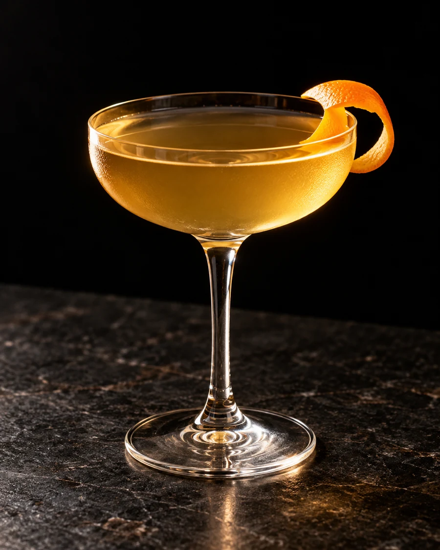 Comings And Goings: clear golden cocktail in a chilled stemmed coupe, served without ice with a curled orange twist.