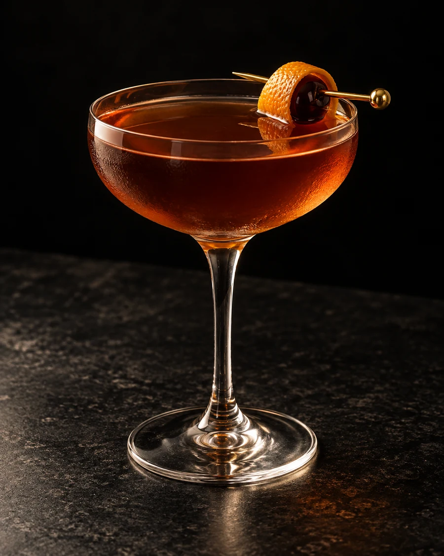 Commodity Fetish: Deep amber cocktail in a chilled coupe without ice, garnished with an orange peel and dark cherry flag on a cocktail pick.