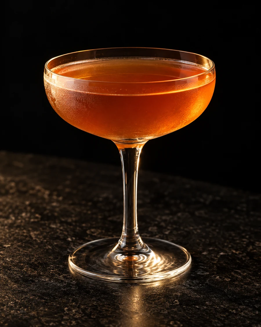 Copper Pagoda: Copper-orange drink in a coupe, no serving ice and no garnish.
