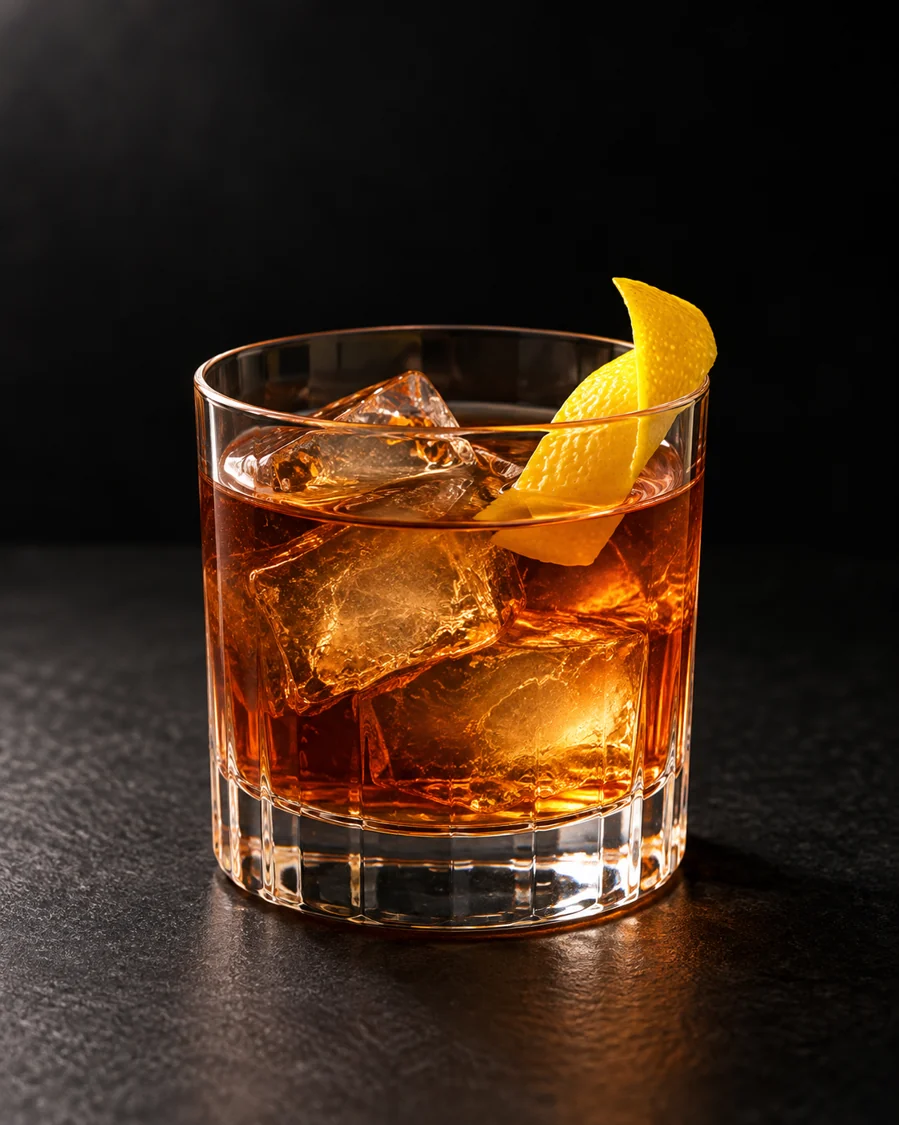 clear amber Copper Penny in a rocks glass over ice with lemon twist.