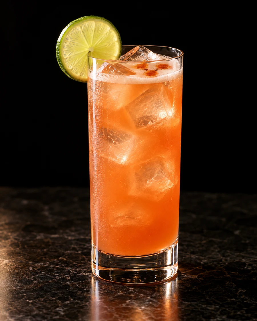 Coppertone. Tall Collins glass with cubed ice, pink-orange body, Angostura bitters on surface and lime wheel.