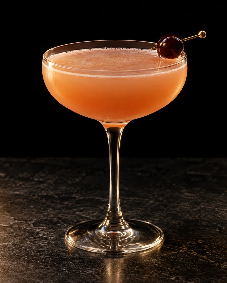 Core Reviver in a coupe, served without ice, garnished with cherry, against a black background.