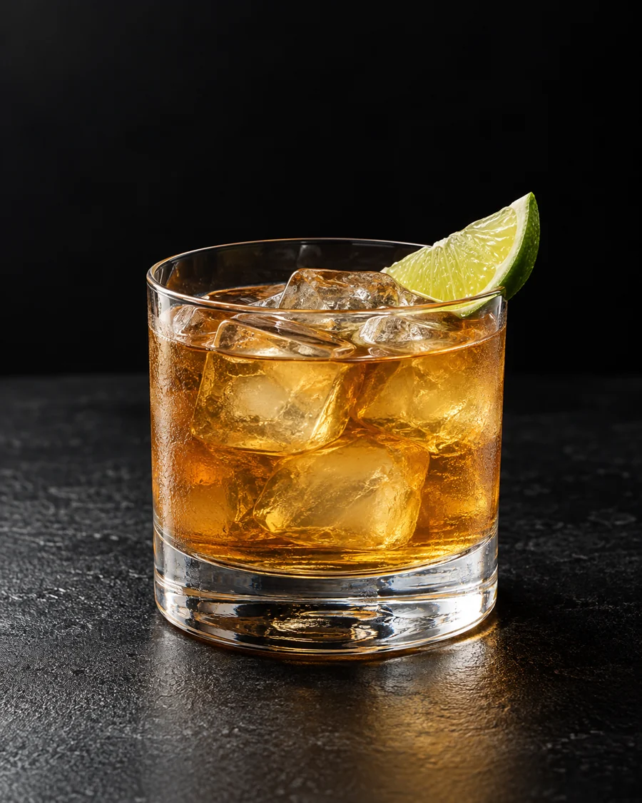 Golden-brown Corn ’n’ Oil in a rocks glass over ice cubes with a lime wedge.