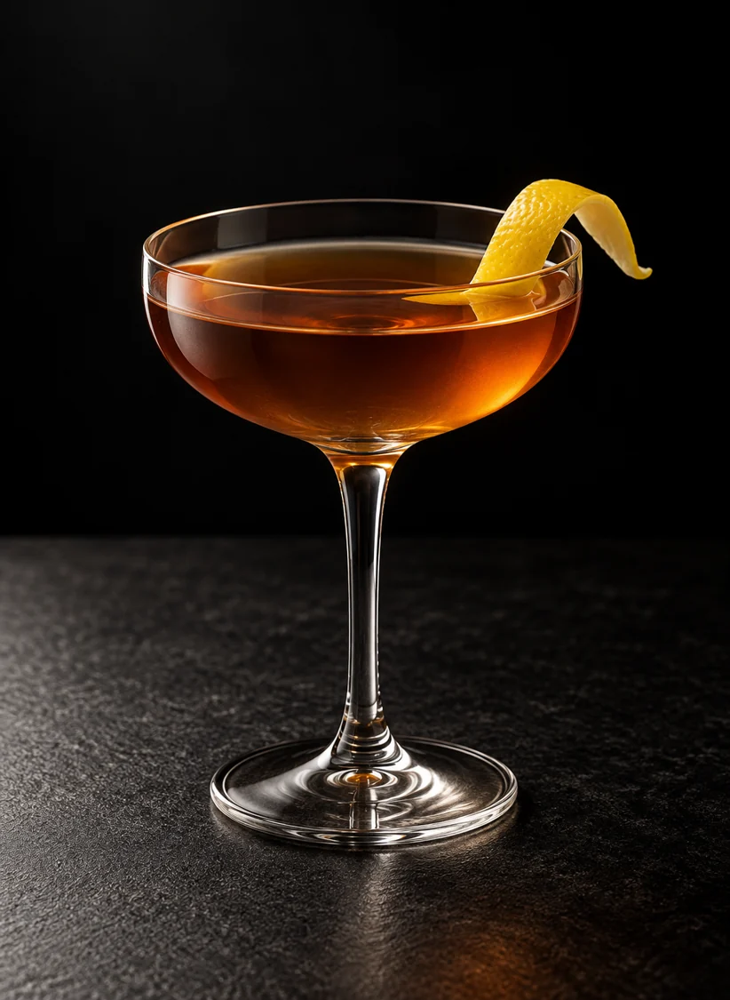 clear amber Coronation in a coupe with lemon twist, no ice.