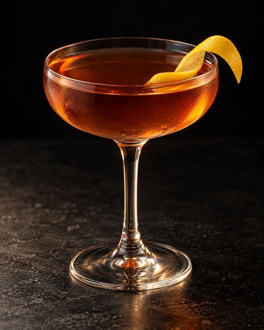 Corpse Carre: Clear deep amber cocktail in a stemmed coupe with a curled yellow lemon twist, served without ice.