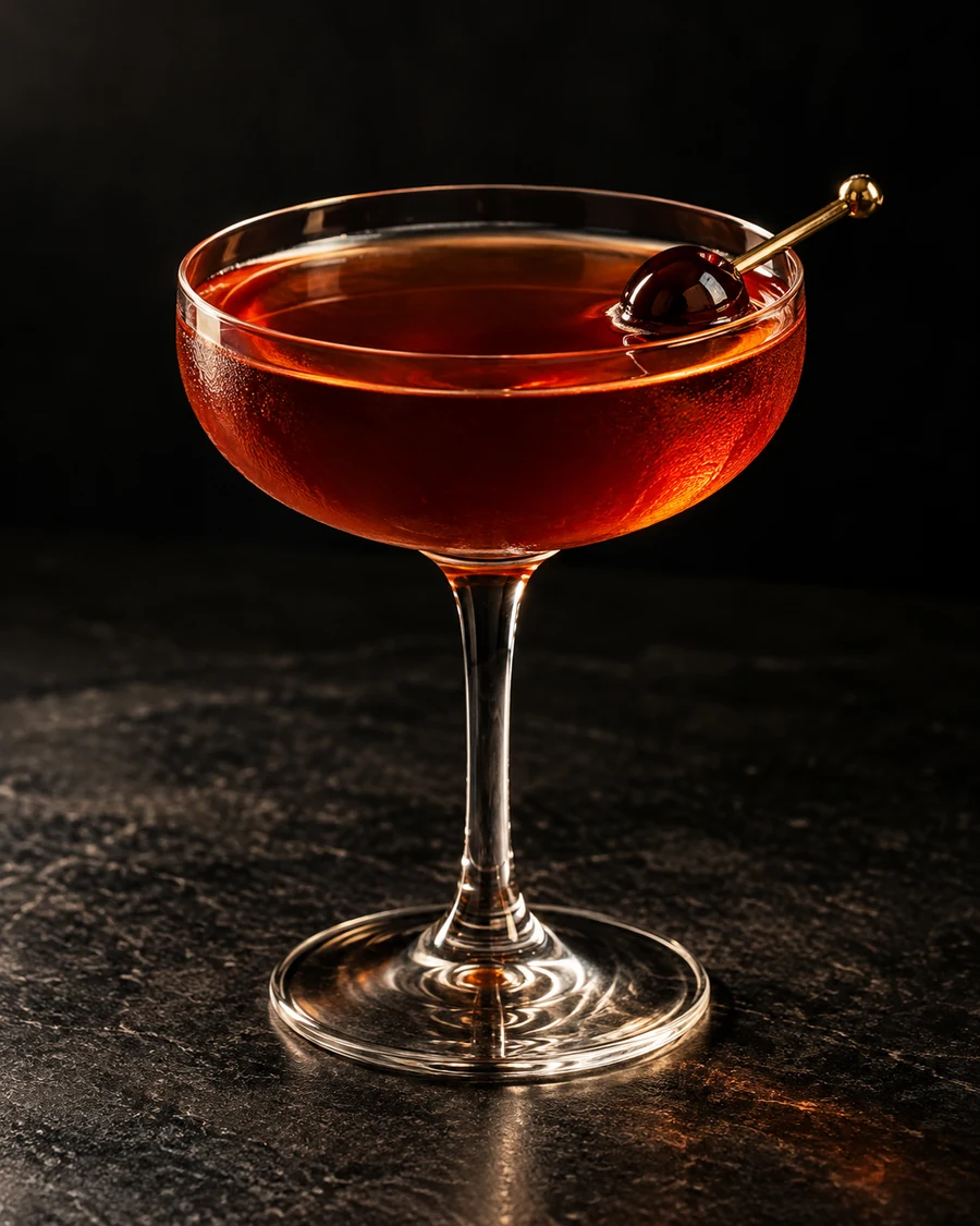 Corpse Hand: Deep amber-red drink in a coupe with a cherry and no serving ice.