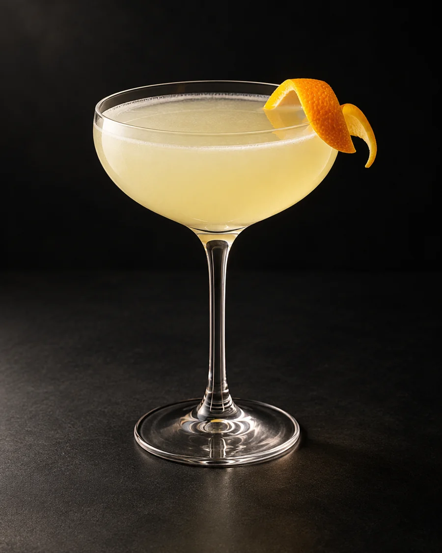 Corpse Reviver #2 served in a coupe glass with an orange twist against a black background.