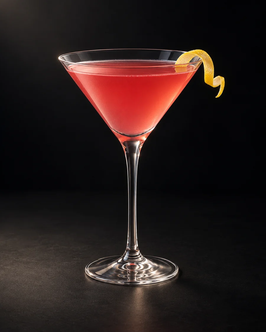 Cosmopolitan served in a martini glass with a lemon twist against a black background.