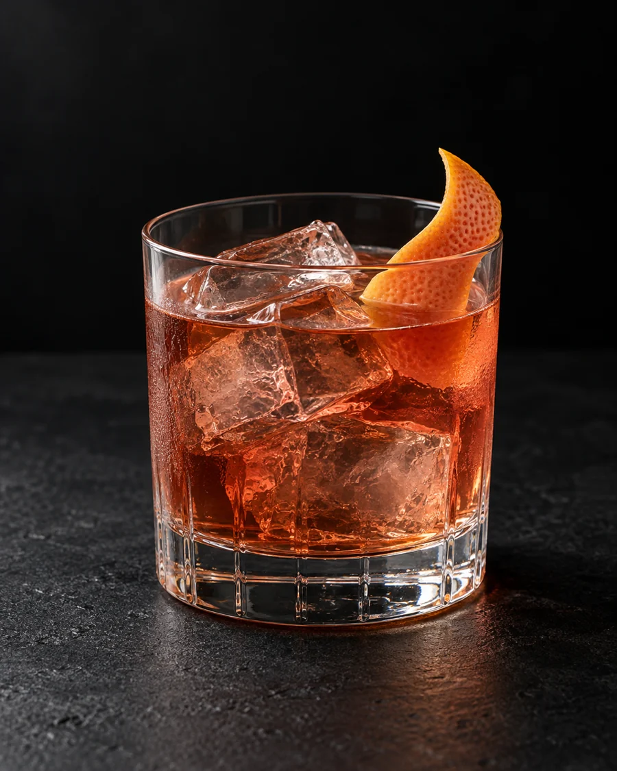 clear rosy amber Count of Mount Kisco in a rocks glass over ice with grapefruit twist.