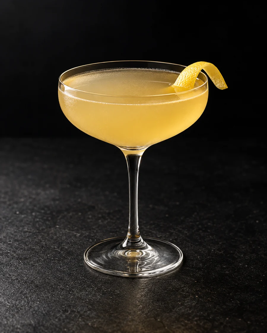 pale cloudy golden Country Gentleman in a coupe with lemon twist, no ice.
