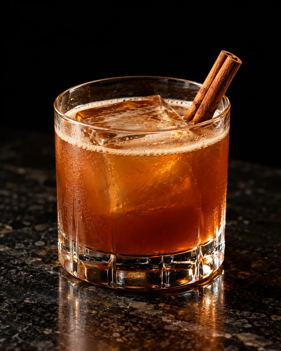 Crashing Out. Rocks glass with an amber rum-and-rye drink, one large ice cube and a cinnamon stick.