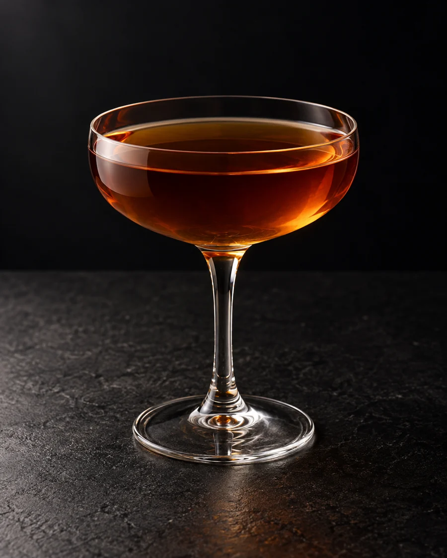 clear dark amber Crazy Kitten Smile in a coupe without ice or visible garnish.