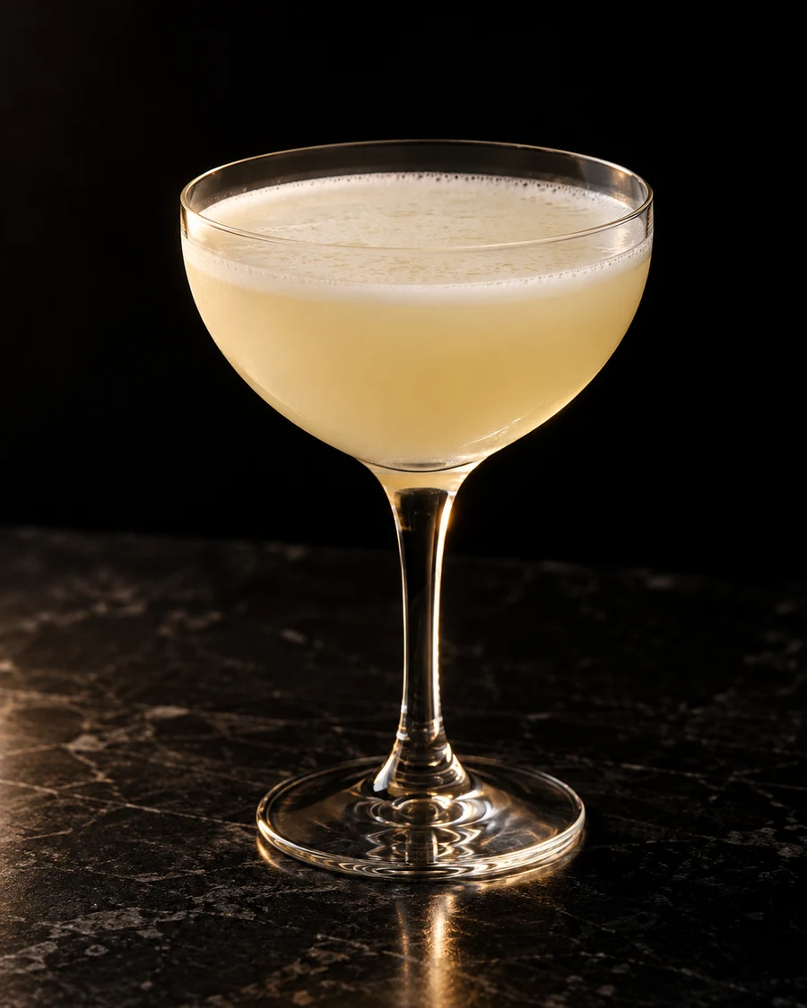 Crème Fraîche Daiquiri. Nick and Nora glass with a pale opaque rum-lime drink, light shaken froth, no ice and no garnish.