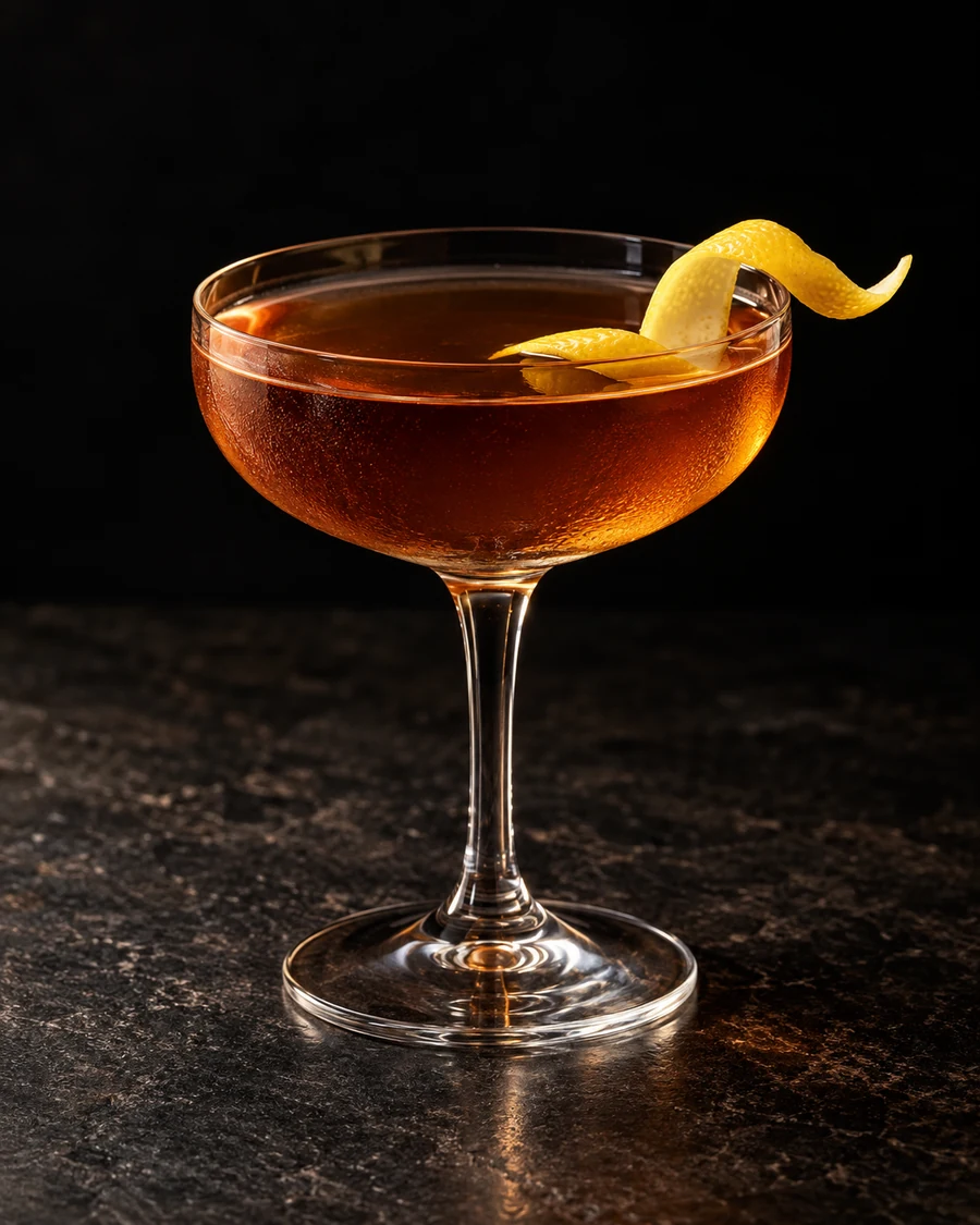 Creole Poet: golden-amber cocktail in a chilled stemmed coupe, served without ice with a curled lemon twist.