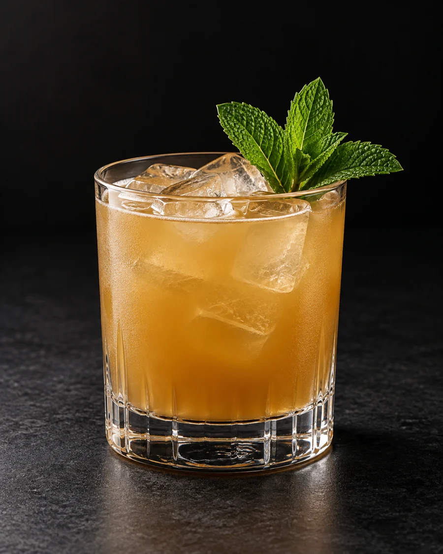 Cloudy golden-brown Creole Smash in a rocks glass over ice cubes, mint sprig garnish.