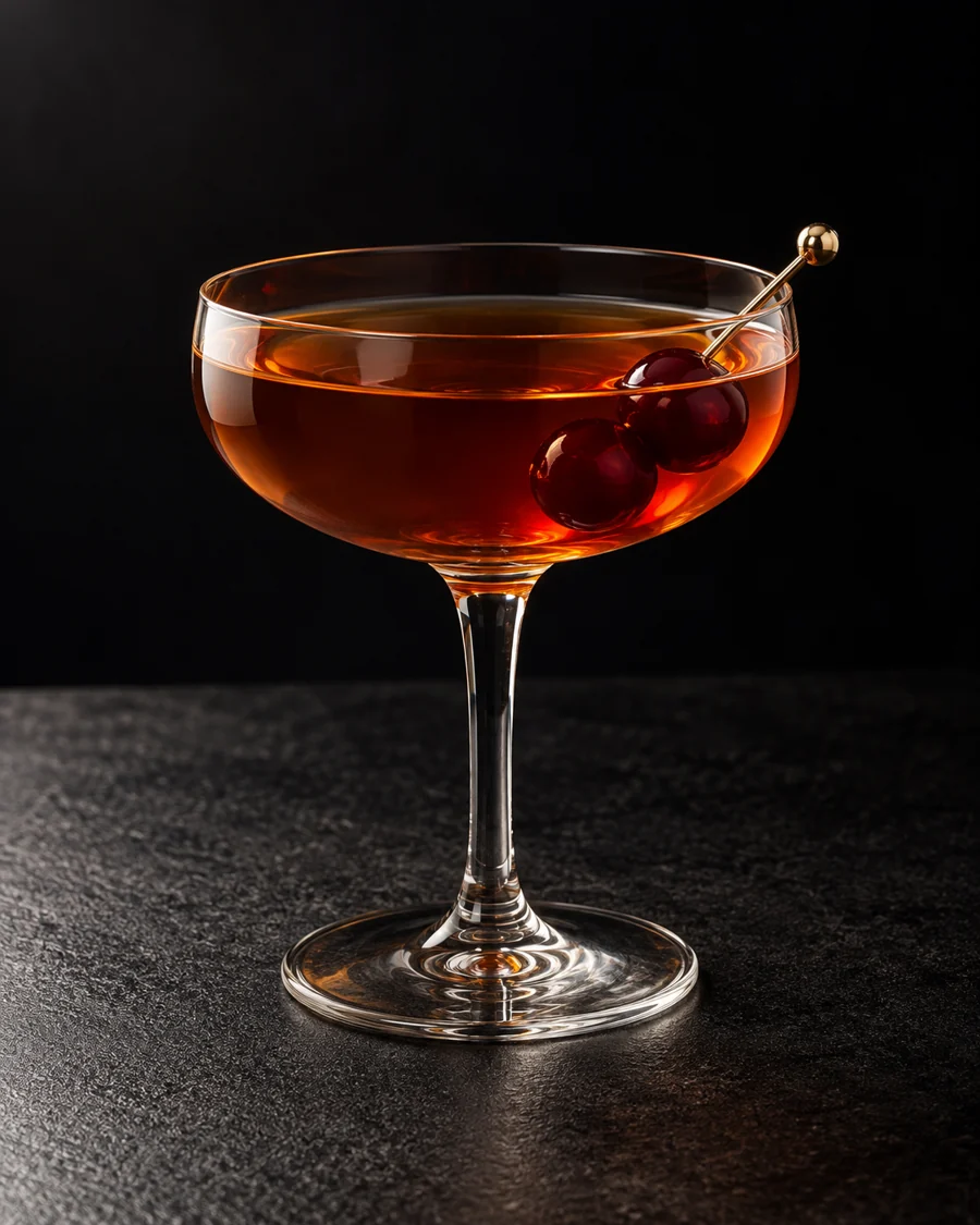 clear deep amber Creole Trimmings in a coupe with two cocktail cherries, no ice.