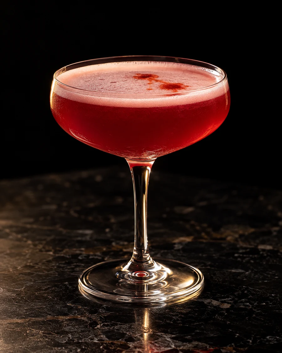 Crimson Spice. Coupe glass with a crimson cranberry-vodka drink, light natural froth, two bitters surface marks and no ice.
