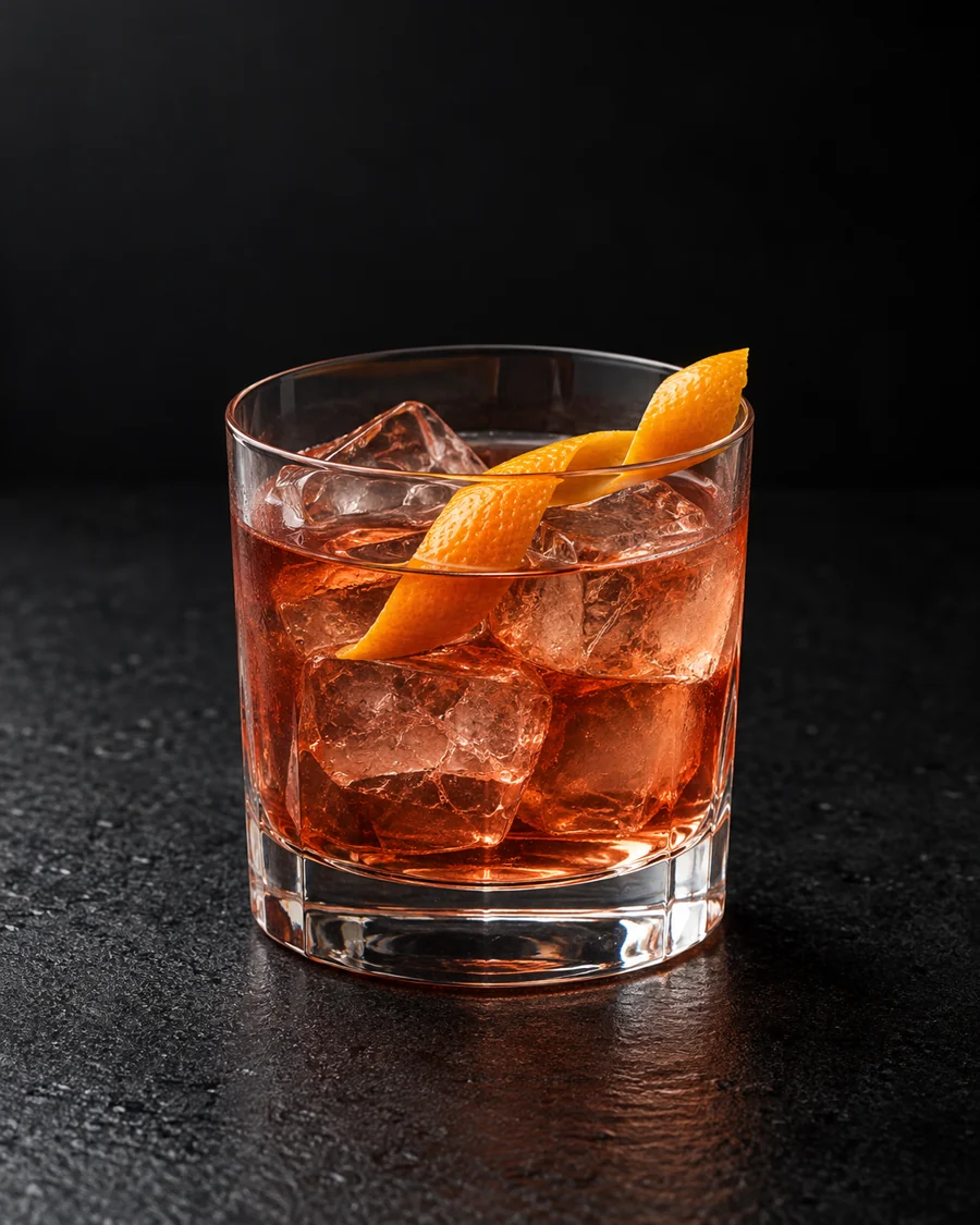 clear rose-amber Crosstown Traffic in a rocks glass over ice with orange twist.