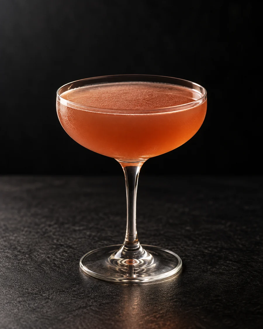 cloudy rosy amber Crux in a coupe without ice or garnish.