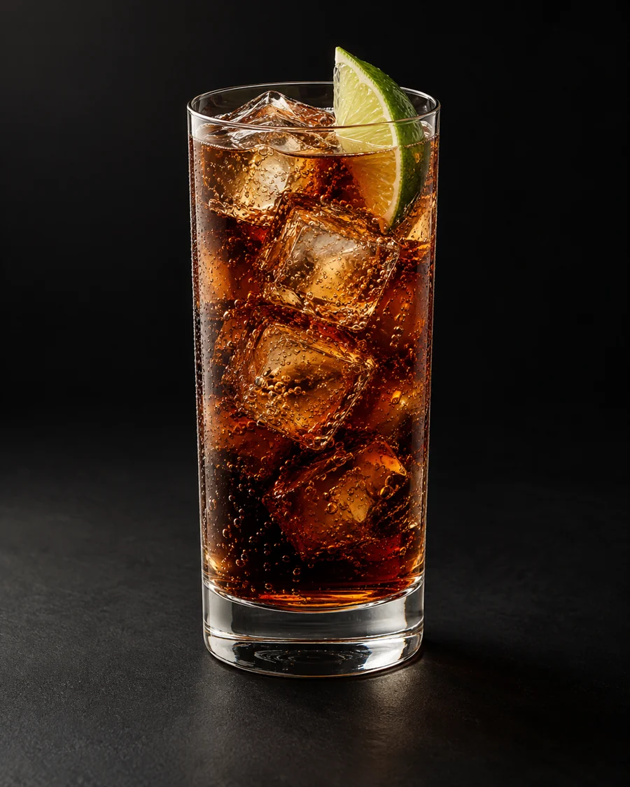 Cuba Libre served in a highball glass with a lime wedge against a black background.