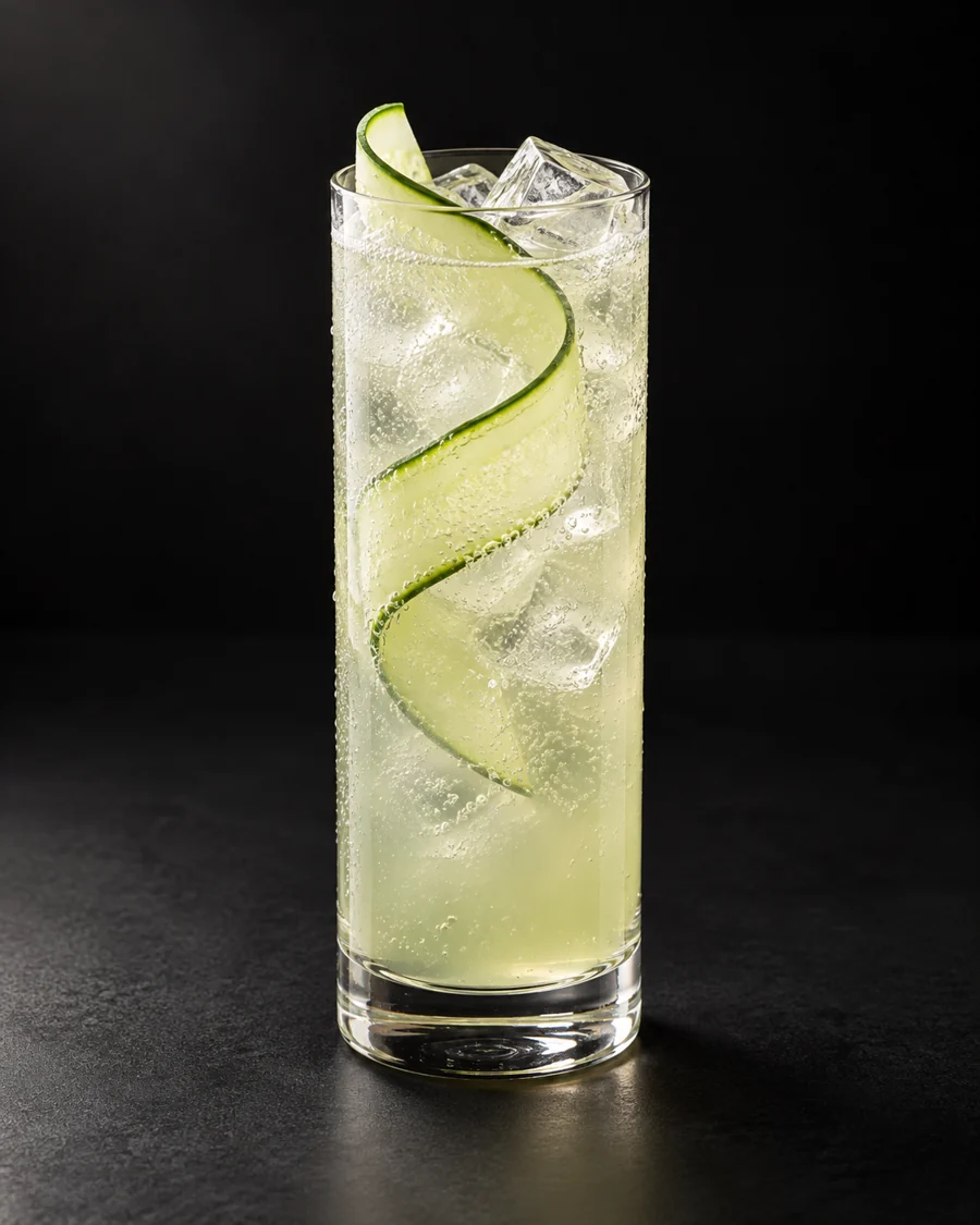 Cucumber Jasmine Cooler served in a collins glass with a cucumber ribbon against a black background.