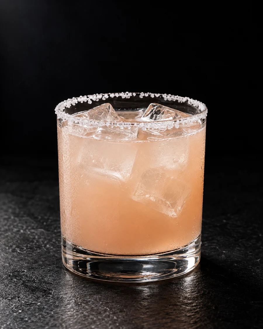 pale cloudy straw-pink Culomba in a large rocks glass over ice with a thin salt rim and no fruit garnish.