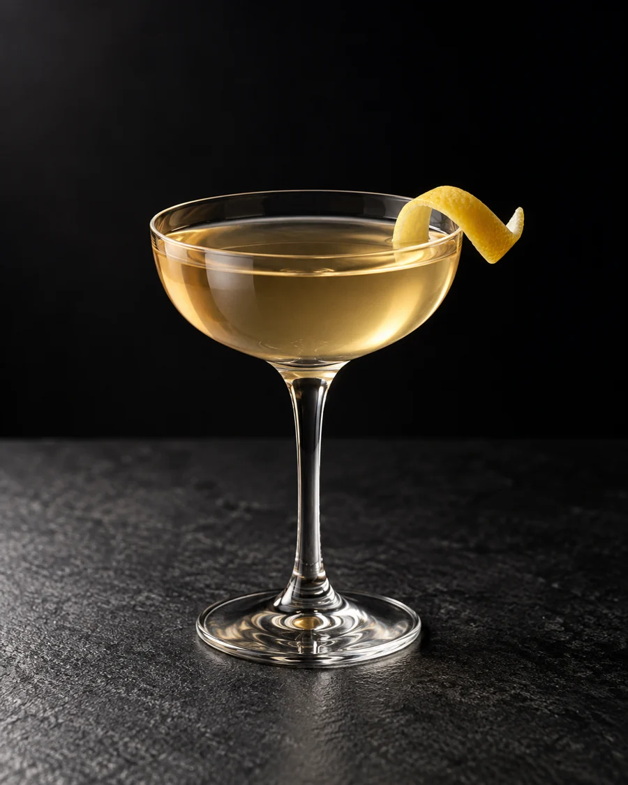 clear pale golden Czarina in a small coupe with lemon twist, no ice.