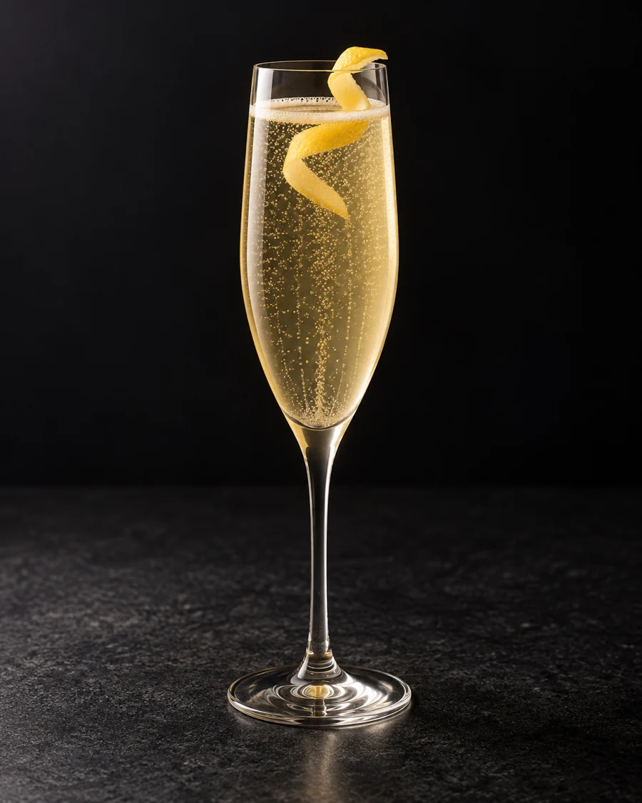clear pale golden Daisy Buchanan with fine bubbles in a flute and lemon twist, no ice.