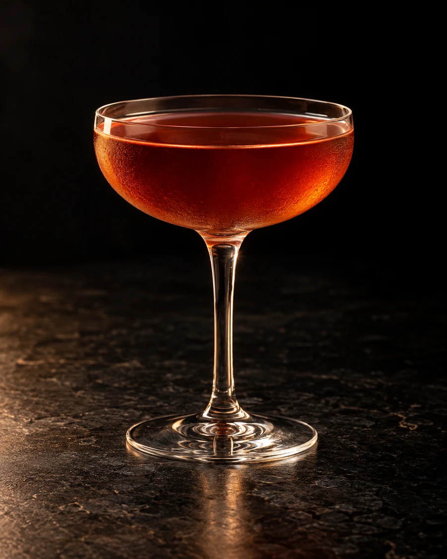 Dark Entries: Red amber cocktail in coupe, no garnish or ice.