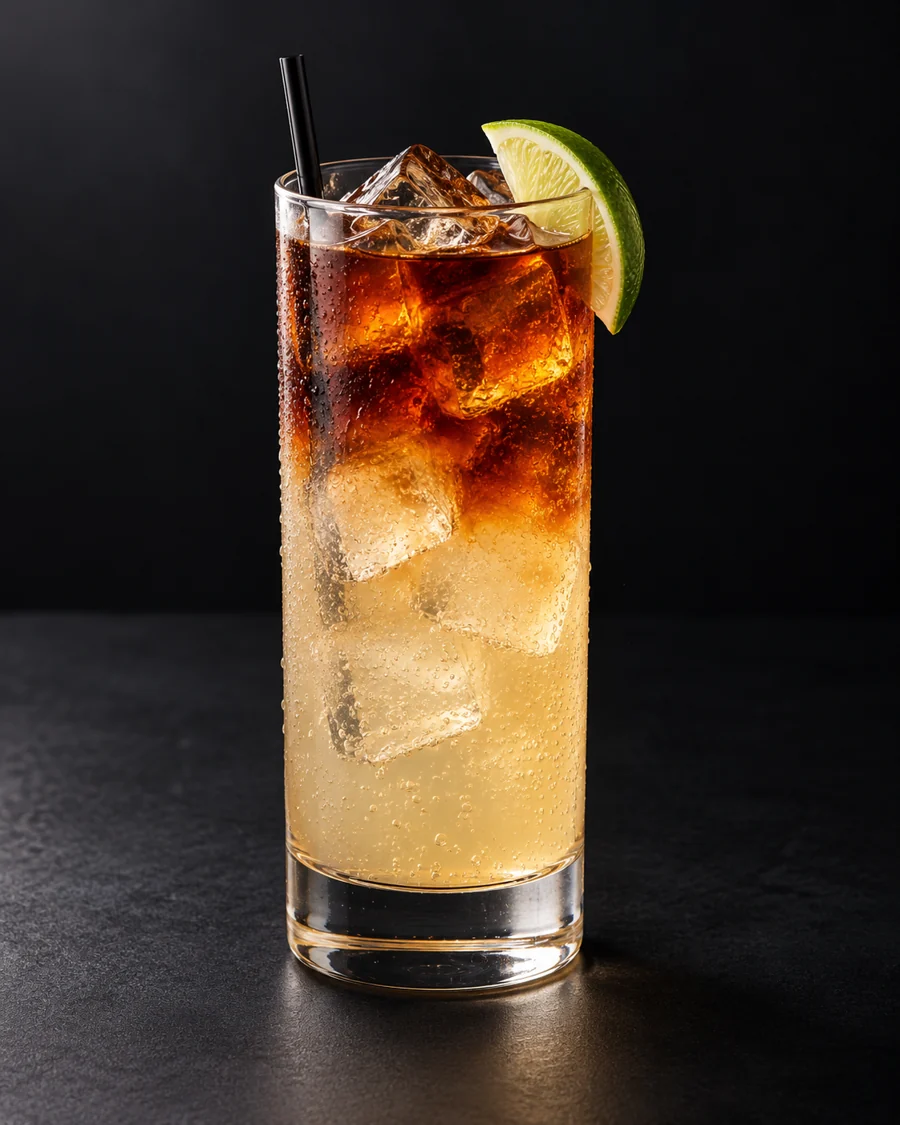 Dark 'N' Stormy served in a highball glass with a lime wedge against a black background.