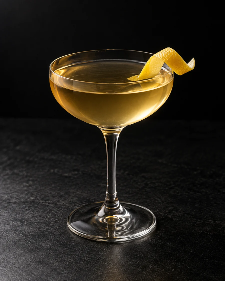 clear pale golden Dark Side of the Cool in a coupe with lemon twist, no ice.