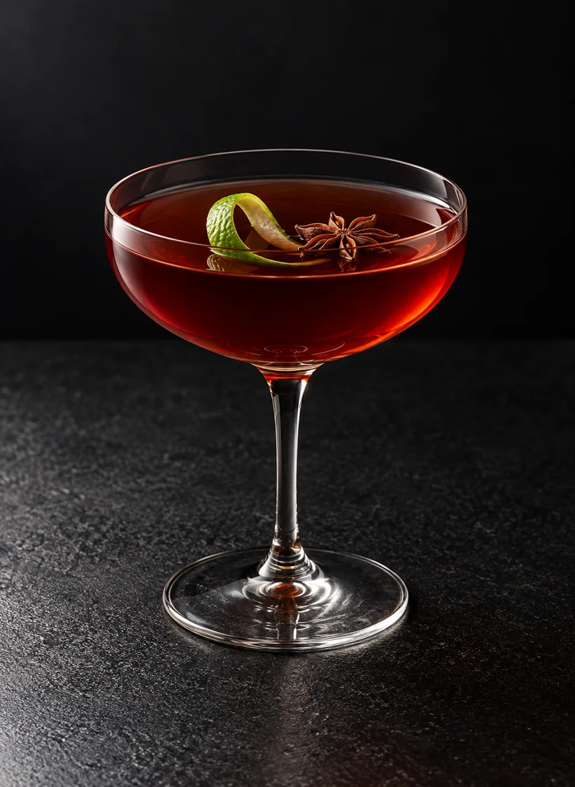 clear deep ruby Darkside in a coupe with lime twist and star-anise pod, no ice.