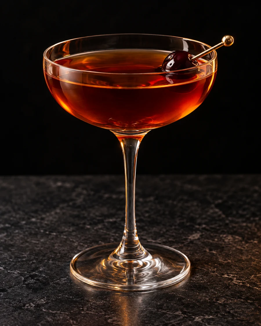De La Louisiane in a coupe glass, without ice, garnished with cherry, against a black background.