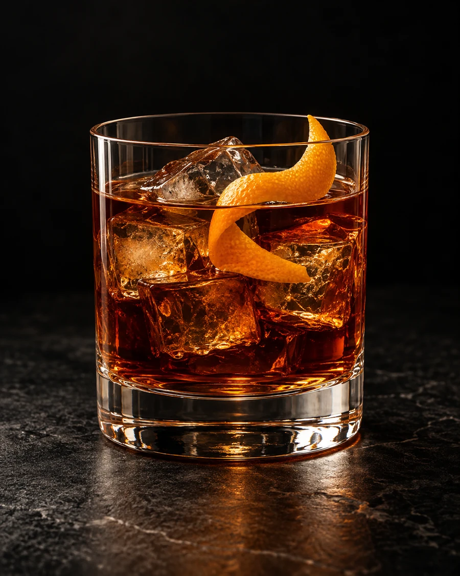 Dead Man's Alley in a rocks glass, over fresh ice cubes, with orange twist, against a black background.