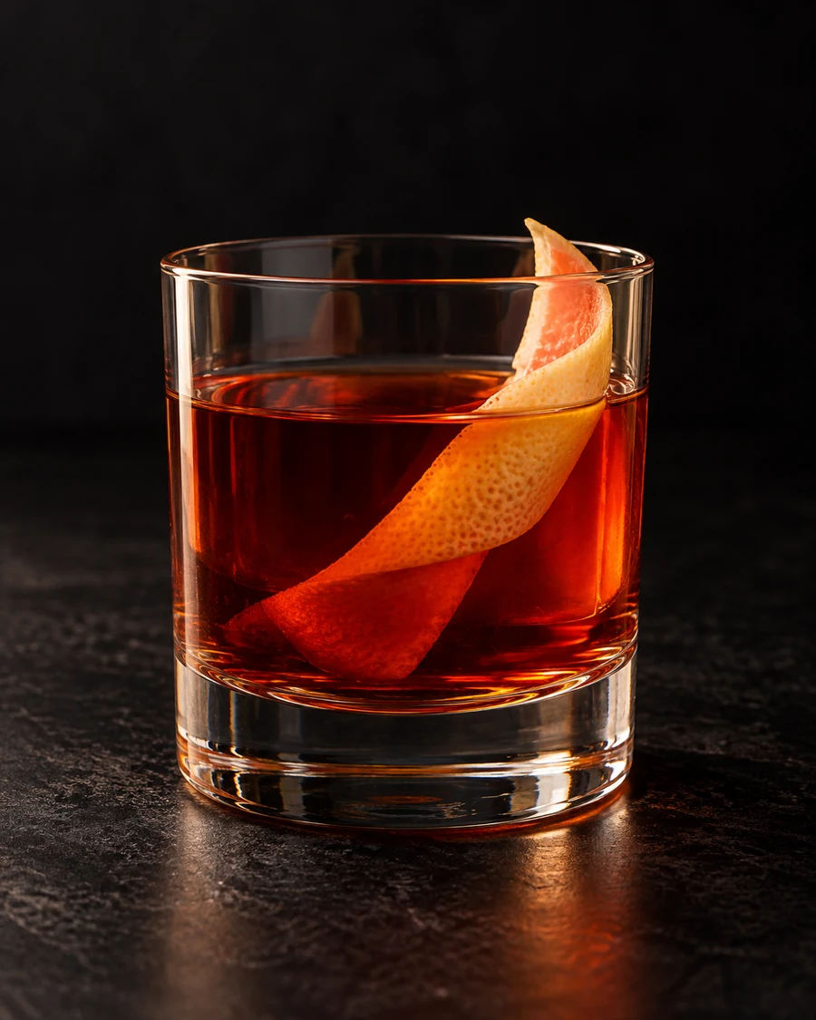 Dead Man's Party in a rocks glass, served without ice, with grapefruit twist, against a black background.