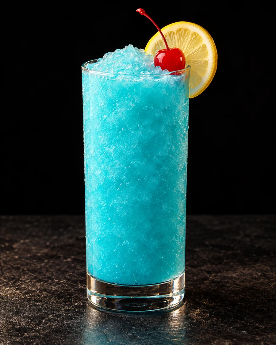Dead Parrot Colada No. 2 in a Collins glass, with a uniform blended slush, garnished with cocktail cherry and lemon wheel, against a black background.