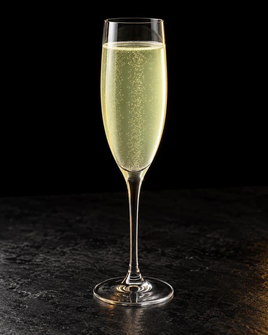 Death in the Afternoon in a champagne flute, with ice cubes, ungarnished, against a black background.