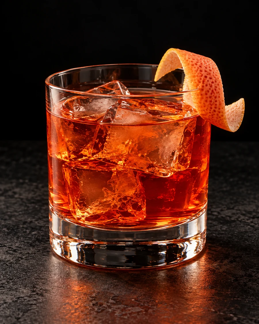 Death Or Glory in a rocks glass, over fresh ice cubes, garnished with grapefruit twist, against a black background.
