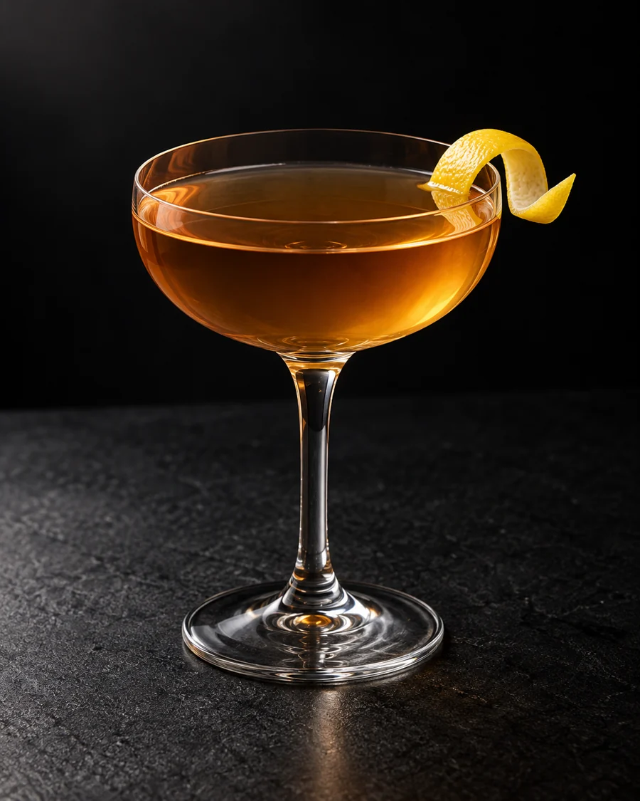 clear pale amber Delmonico in a coupe with lemon twist, no ice.