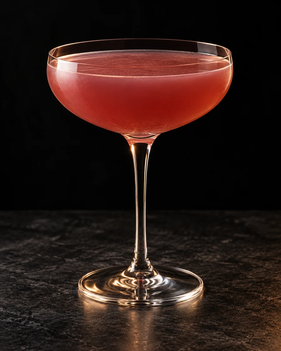 Demeter in a coupe, served without ice, ungarnished, against a black background.