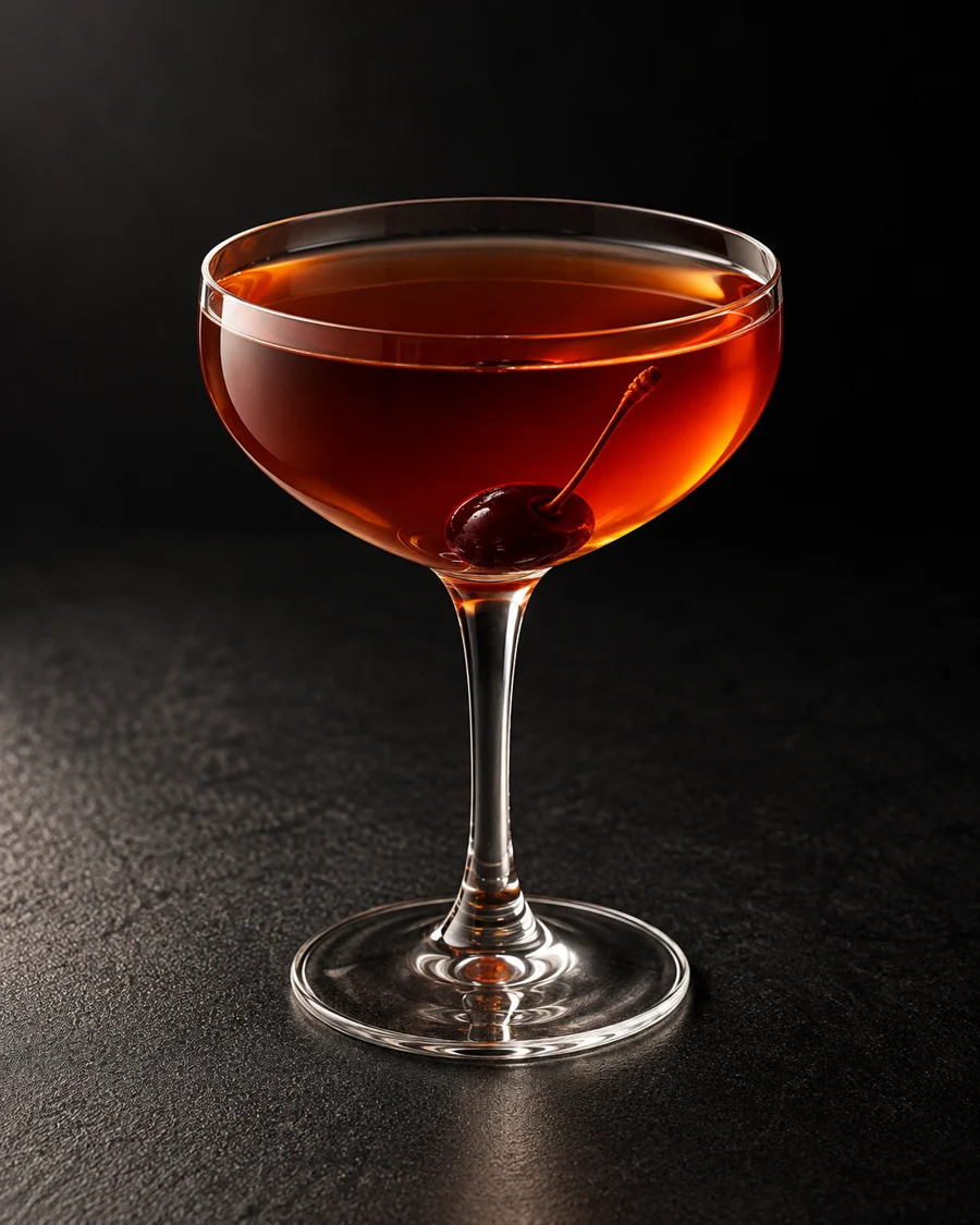 Clear ruby-amber Dempsey Cocktail in a coupe with one brandied cherry, no ice.