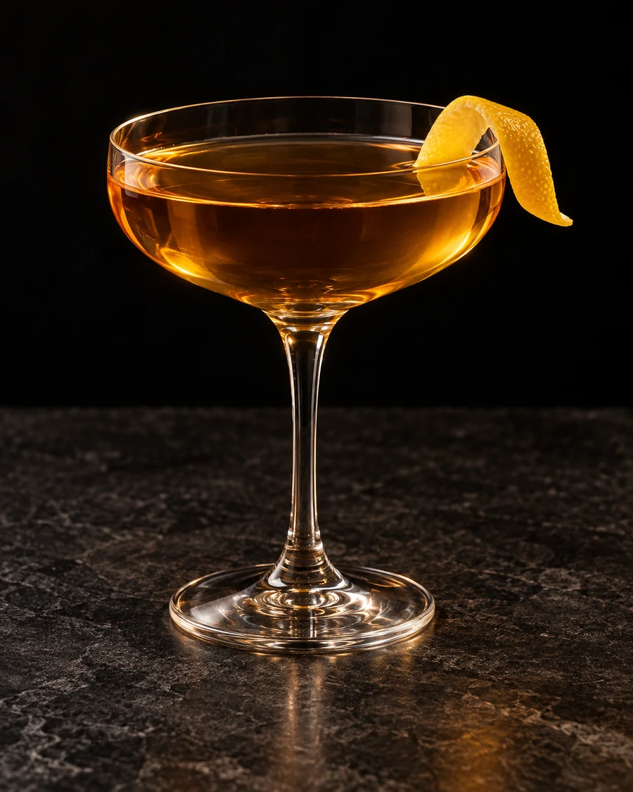 Derby in a coupe glass, without ice, garnished with lemon peel, against a black background.