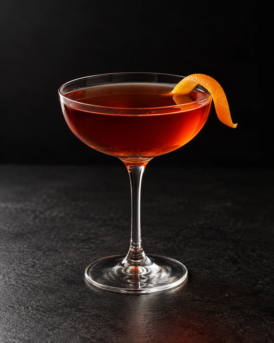 clear ruby-amber Deshler in a coupe with one fresh orange twist, no ice.