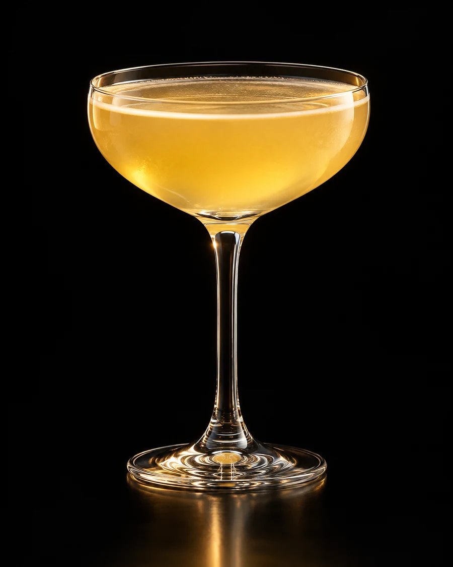 Destiny Street: Warm golden cocktail in a clear coupe, served without ice or visible garnish against a black background.