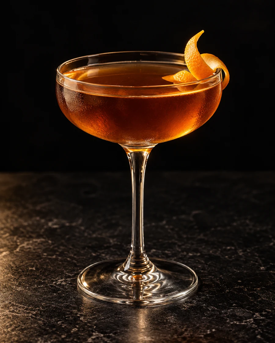 Devil Makes Work: Amber-brown stirred cocktail in coupe, orange twist, no ice.
