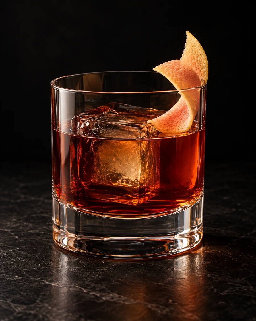 Devil's Disciple in a rocks glass, over one large ice cube, with grapefruit twist, against a black background.