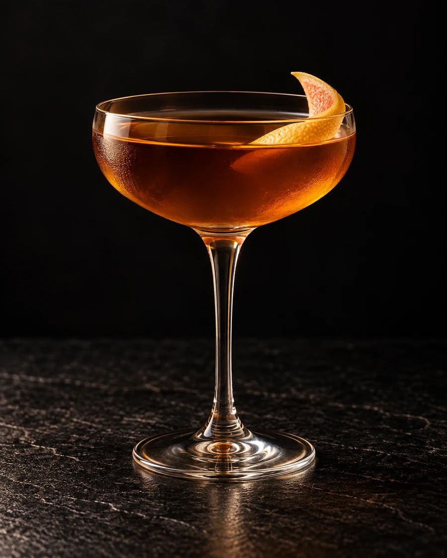 Devil's Kitchen in a chilled coupe, served without ice, with grapefruit twist, against a black background.