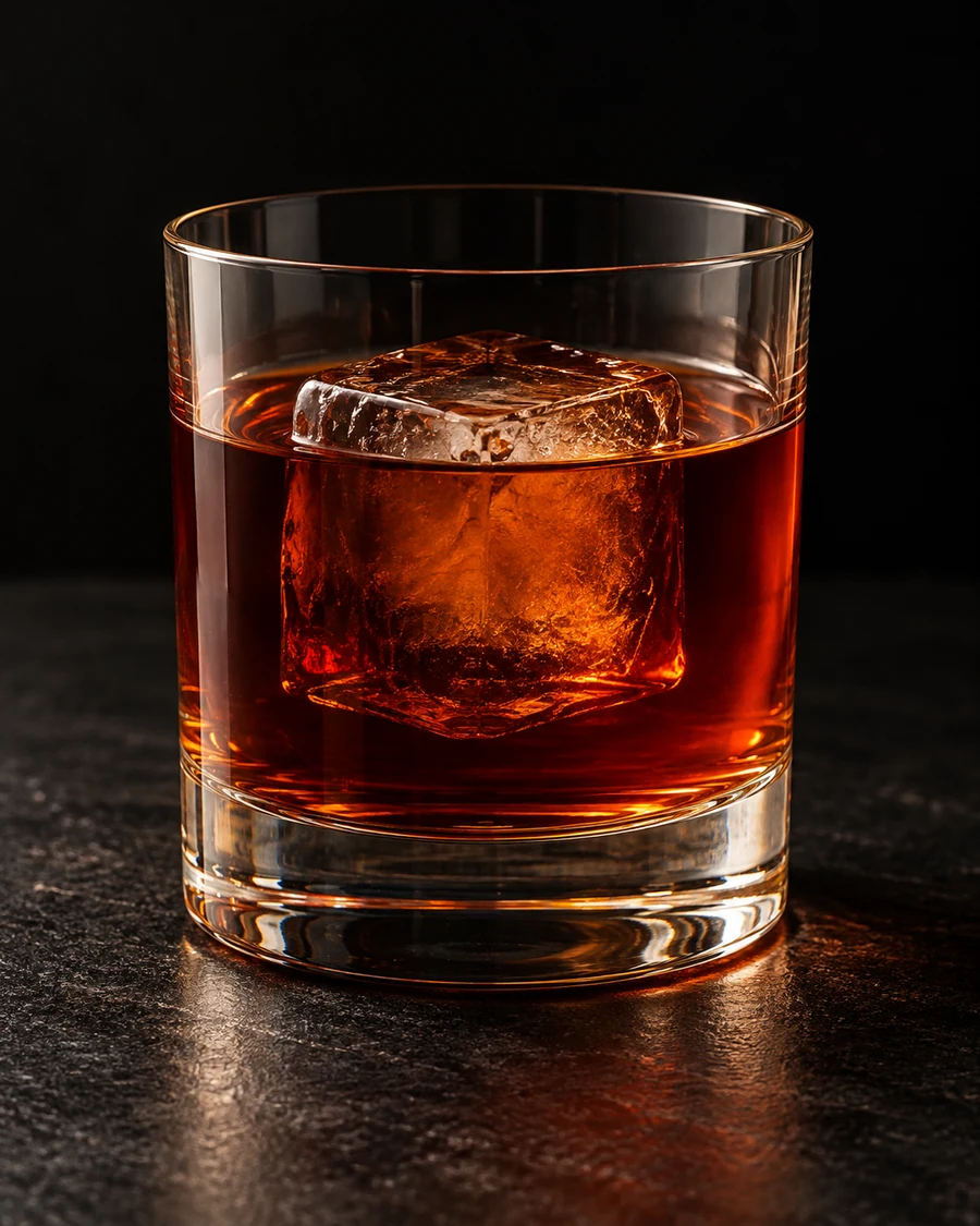 Devil's Own Mistress in a rocks glass, over one large ice cube, with no garnish, against a black background.