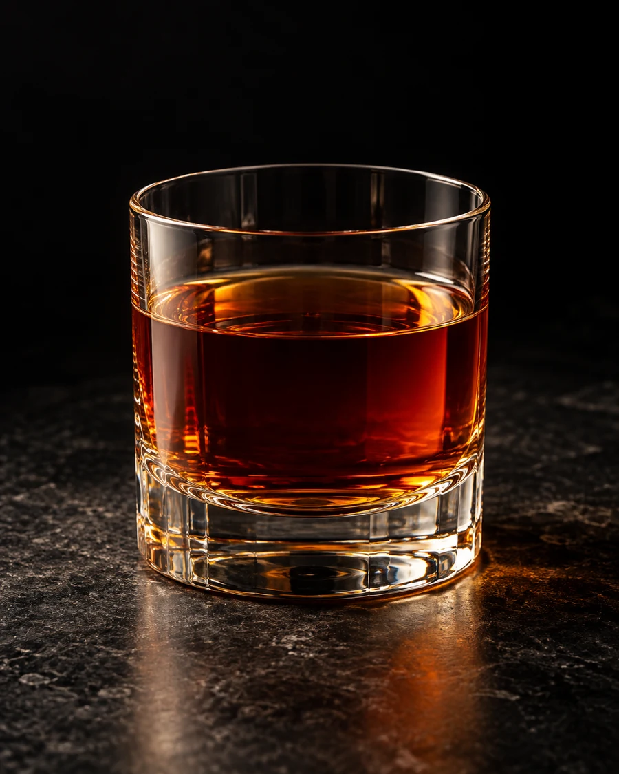Devil's Staircase: Dark clear brown drink in rocks glass, no garnish or serving ice.