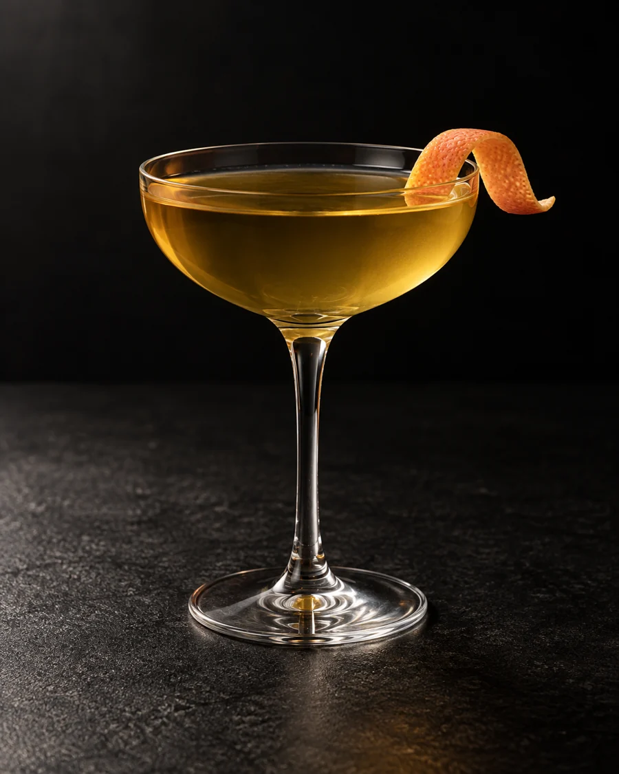 clear amber-green Diamond in the Rough in a coupe with grapefruit twist, no ice.